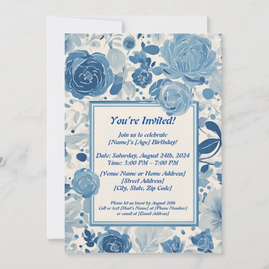 Fleurs Bleues Invitation Anniversaire (Devant)