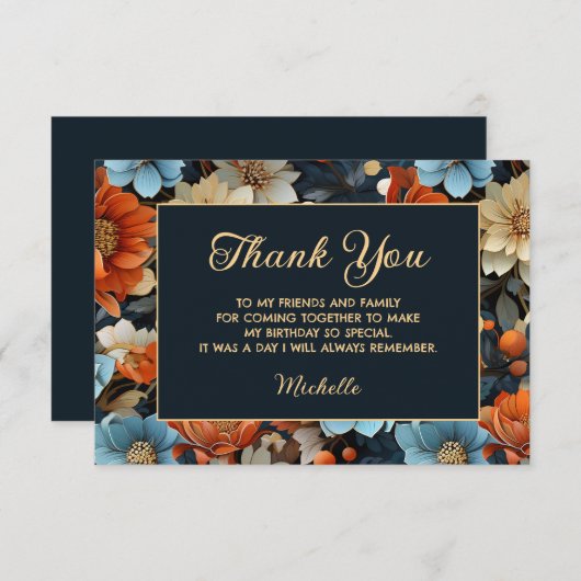 Fleurs bleues orange Merci d'anniversaire noir (Devant / Derrière)