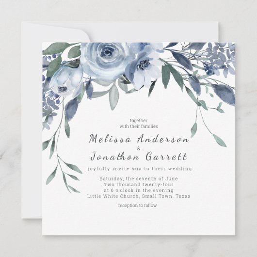 Fleurs bleues poussiéreuses Faire-part de mariage  (Devant)