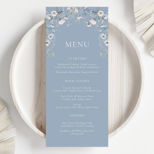Fleurs bleues poussiéreuses Menu Mariage floral