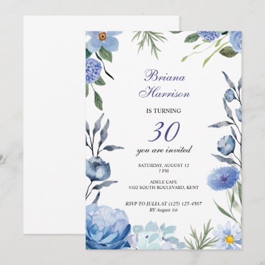 Fleurs bleues romantique invitation à fêter (Devant / Derrière)