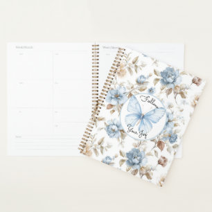 Fleurs bleues romantiques Papillon Feuilles brunes