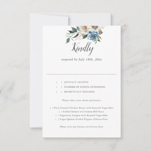 Fleurs bleues rustiques Dusty Script Wedding RSVP (Devant)