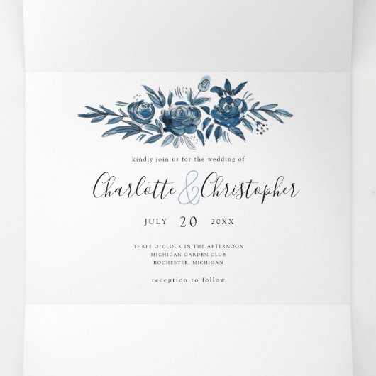 Fleurs bleues tout en un faire-part de mariage (Intérieur au milieu)