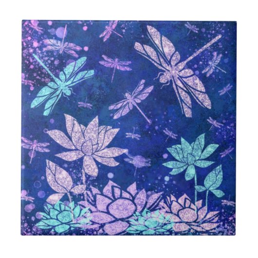 Fleurs bleues violettes libellules Carreaux en cér (Devant)