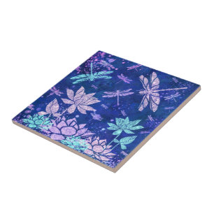 Fleurs bleues violettes libellules Carreaux en cér