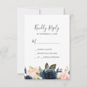 Fleurs Blush & Navy   Carte RSVP simple blanche
