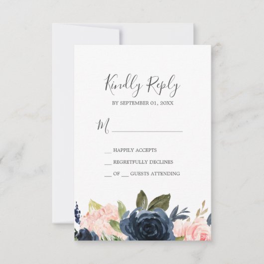 Fleurs Blush & Navy | Carte RSVP simple blanche (Devant)