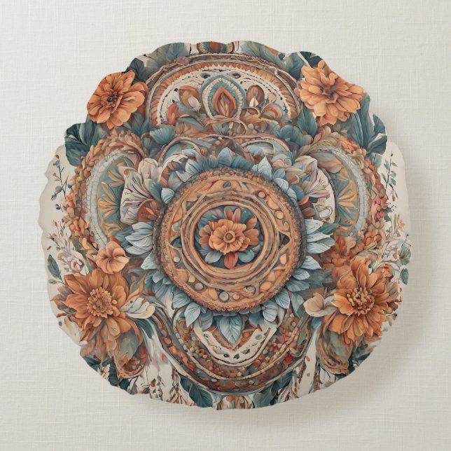 Fleurs Boho Coussin Rond d'Art Moderne (Devant)