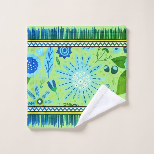 Fleurs Boho Motif Sud-Ouest Bleu, Vert, Jaune (Gant de toilette)