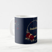 fleurs bordeaux feuilles dorées mug café bleu mari (Devant gauche)