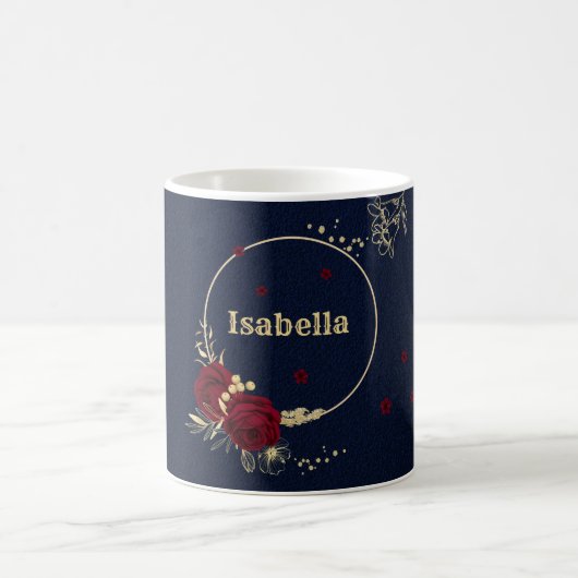 fleurs bordeaux feuilles dorées mug café bleu mari (Centre)