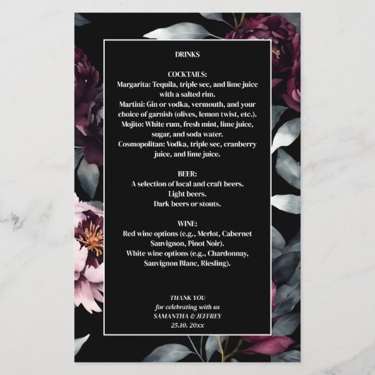 Fleurs bordeaux foncées moody menu de mariage élég (Dos)