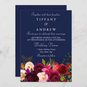 Fleurs Bourgogne Floral Navy Faire-part de mariage