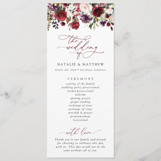 Fleurs Bourgognes, Fleurs Roses, Programme Mariage (Devant)