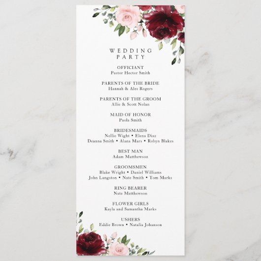 Fleurs Bourgognes, Fleurs Roses, Programme Mariage (Dos)