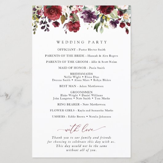 Fleurs Bourgognes, Fleurs Roses, Programme Mariage (Dos)