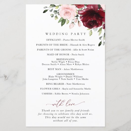 Fleurs Bourgognes, Fleurs Roses, Programme Mariage (Dos)