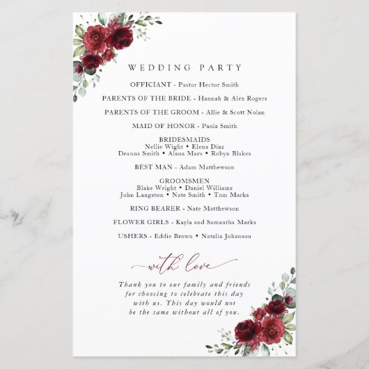 Fleurs Bourgognes, Fleurs Rouges, Programme Mariag (Dos)