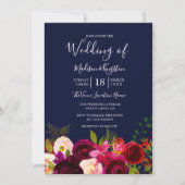 Fleurs Bourgognes marine Mariage bleu Invitation (Devant)