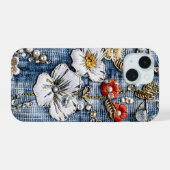 Fleurs brodées rouges et blanches sur denim (Verso Horizontal)