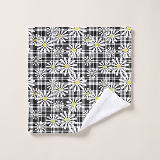 Fleurs chamomiques blanches sur à damiers noir bla (Gant de toilette)