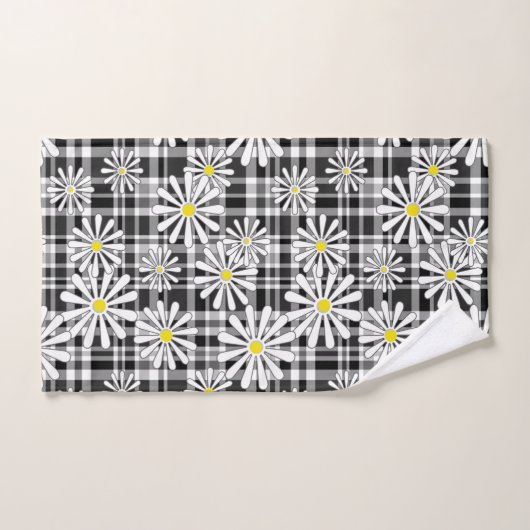 Fleurs chamomiques blanches sur à damiers noir bla (Serviette à main)