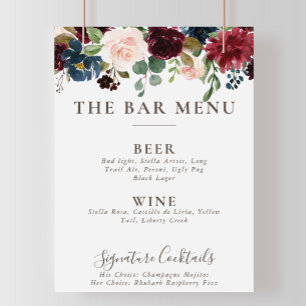 Fleurs classiques Mariage Bar Poster du menu