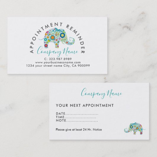 Fleurs colorées Carte de rendez-vous éléphant (Devant / Derrière)