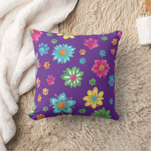 Fleurs colorées et Empreintes de pattes Coussin