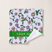 Fleurs Colorées, Fond Bleu, Vert (Gant de toilette)