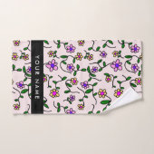 Fleurs Colorées, Fond Rose, Noir (Serviette à main)