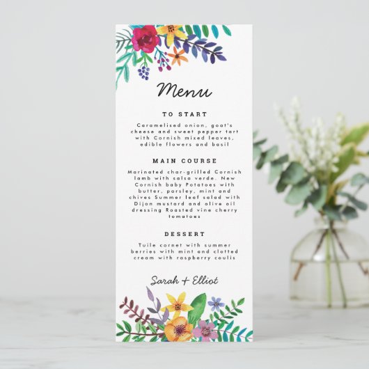 Fleurs colorées Menu plat Mariage (Debout devant)
