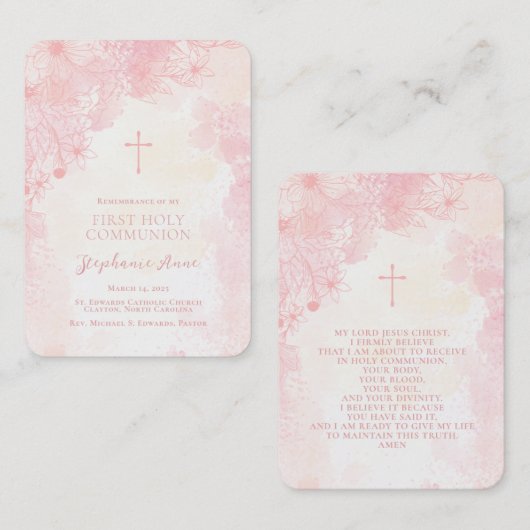 Fleurs Communion Pink Aquarelles Cartes de prière (Devant / Derrière)