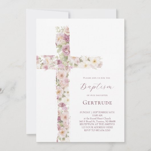 fleurs croix Baptême fille Invitation (Devant)