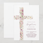 fleurs croix Baptême fille Invitation (Devant / Derrière)