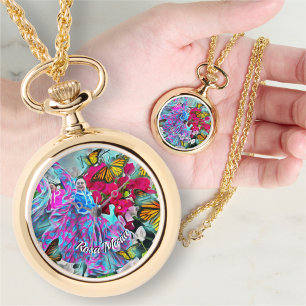 Fleurs dansantes et papillons Montre de collier PV