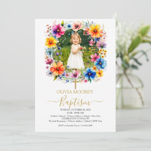Fleurs d'aquarelle Baptême Invitation (Debout devant)