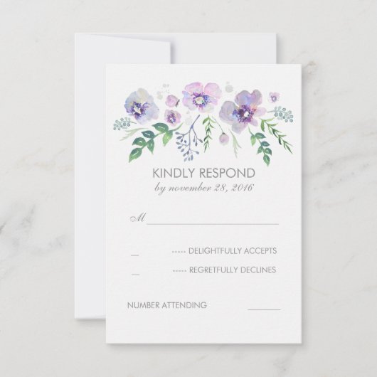 Fleurs d'aquarelle bleu violet mariage RSVP (Devant)
