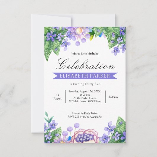 Fleurs d'aquarelle de lavande Invitation d'anniver (Devant)