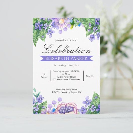 Fleurs d'aquarelle de lavande Invitation d'anniver (Debout devant)