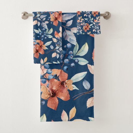 Fleurs d'aquarelle et baies sur bleu marine (En situation)
