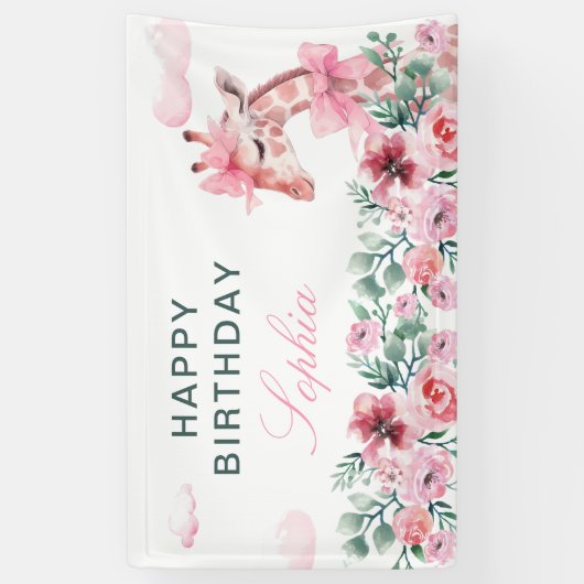 Fleurs d'aquarelle Giraffe Girl Bannière d'anniver (Vertical)