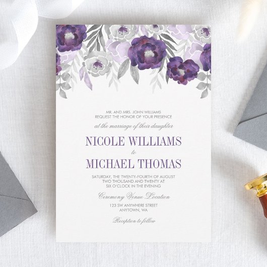 Fleurs d'aquarelle gris violet Invitations de mari