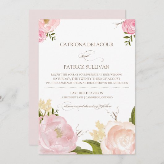 Fleurs d'aquarelle romantique Faire-part de mariag (Devant / Derrière)