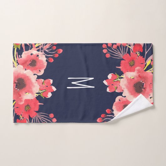 Fleurs d'aquarelle rose et bleu marine (Serviette à main)