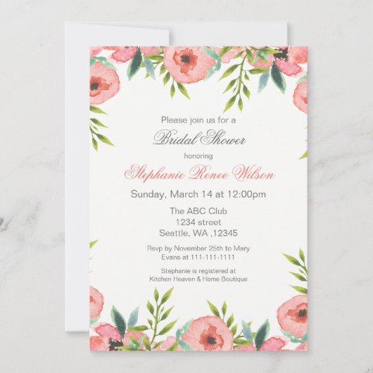 Fleurs d'aquarelle rose Invitations de douche nupt (Devant)