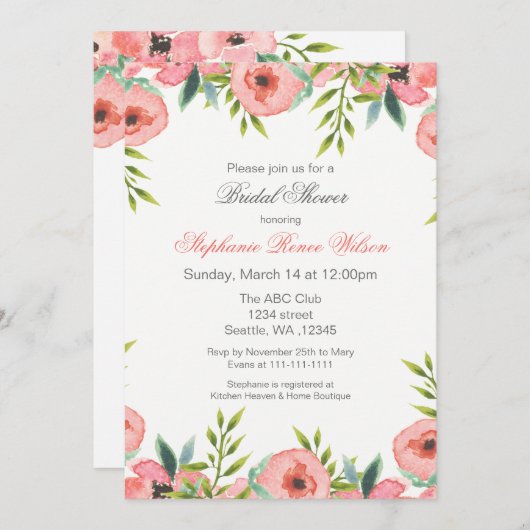 Fleurs d'aquarelle rose Invitations de douche nupt (Devant / Derrière)