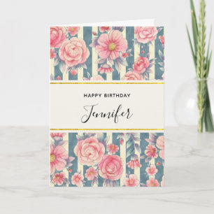 Fleurs d'aquarelle rose sur bandes Carte d'anniver