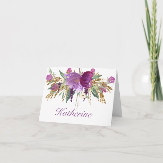 Fleurs d'aquarelle violet et or Cartes pour notes (Devant)